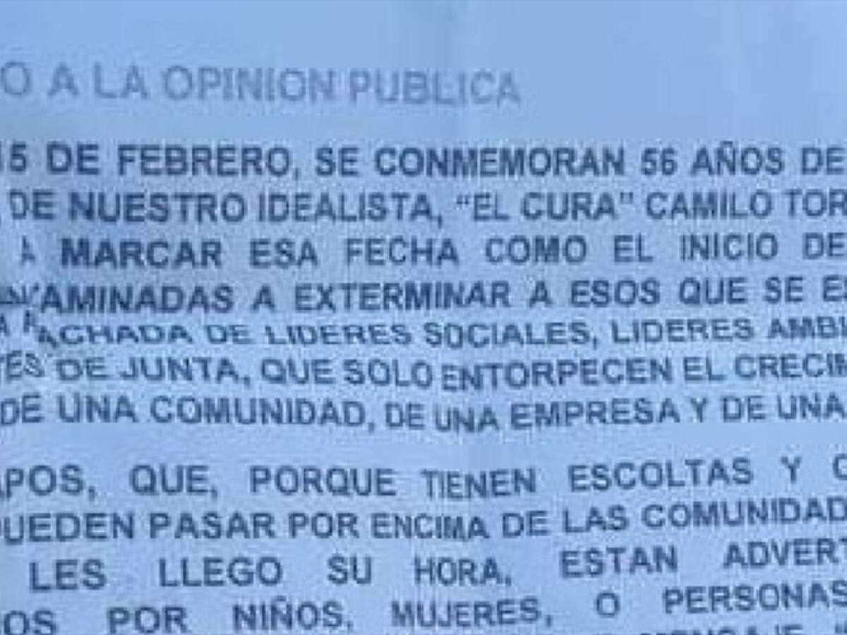 Amenazan con panfletos que serían del Eln a líder social de Barrancabermeja