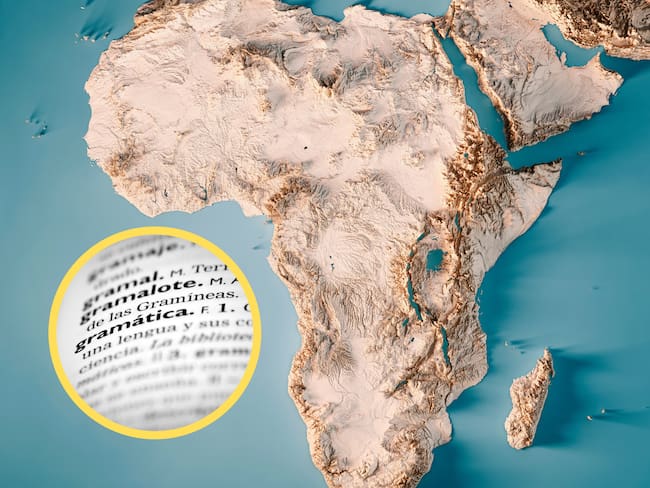 Imagen del continente africano. En el círculo, diccionario español (GettyImages)
