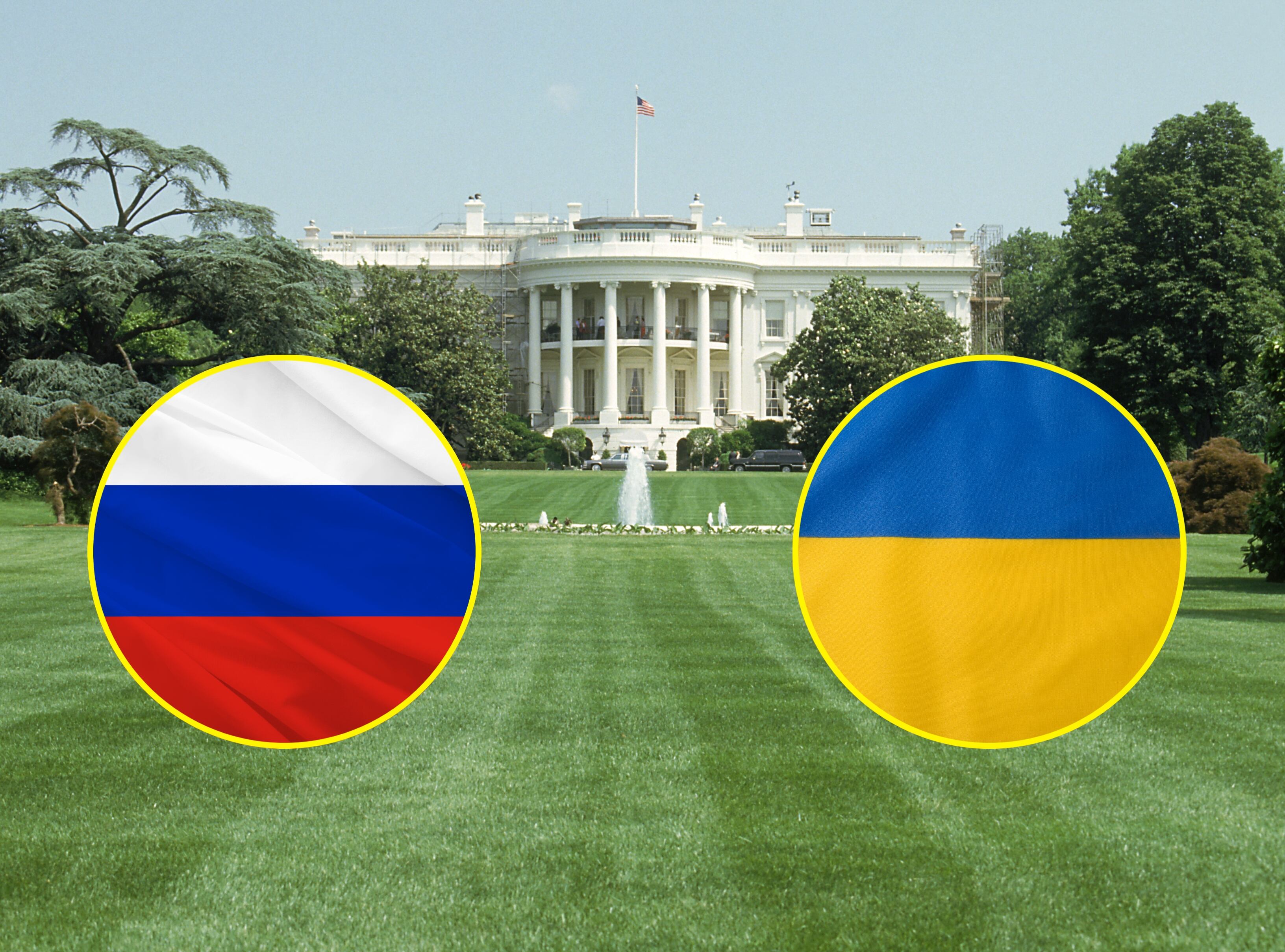 Casa Blanca y banderas de Rusia y Ucrania. FOTO: Getty Images