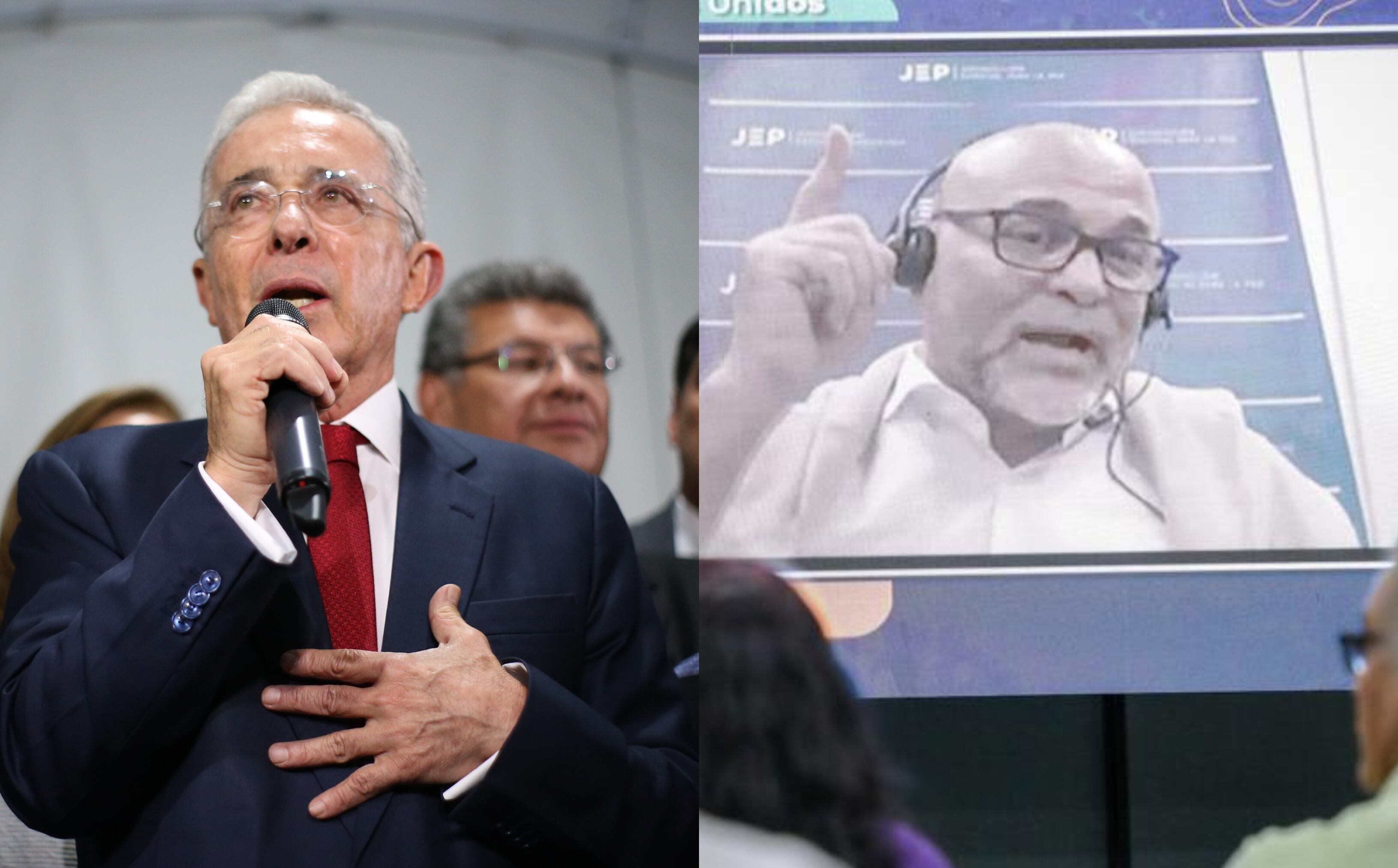 Expresidente Álvaro Uribe y exjefe paramilitar Salvatore Mancuso. Foto: Colprensa/JEP