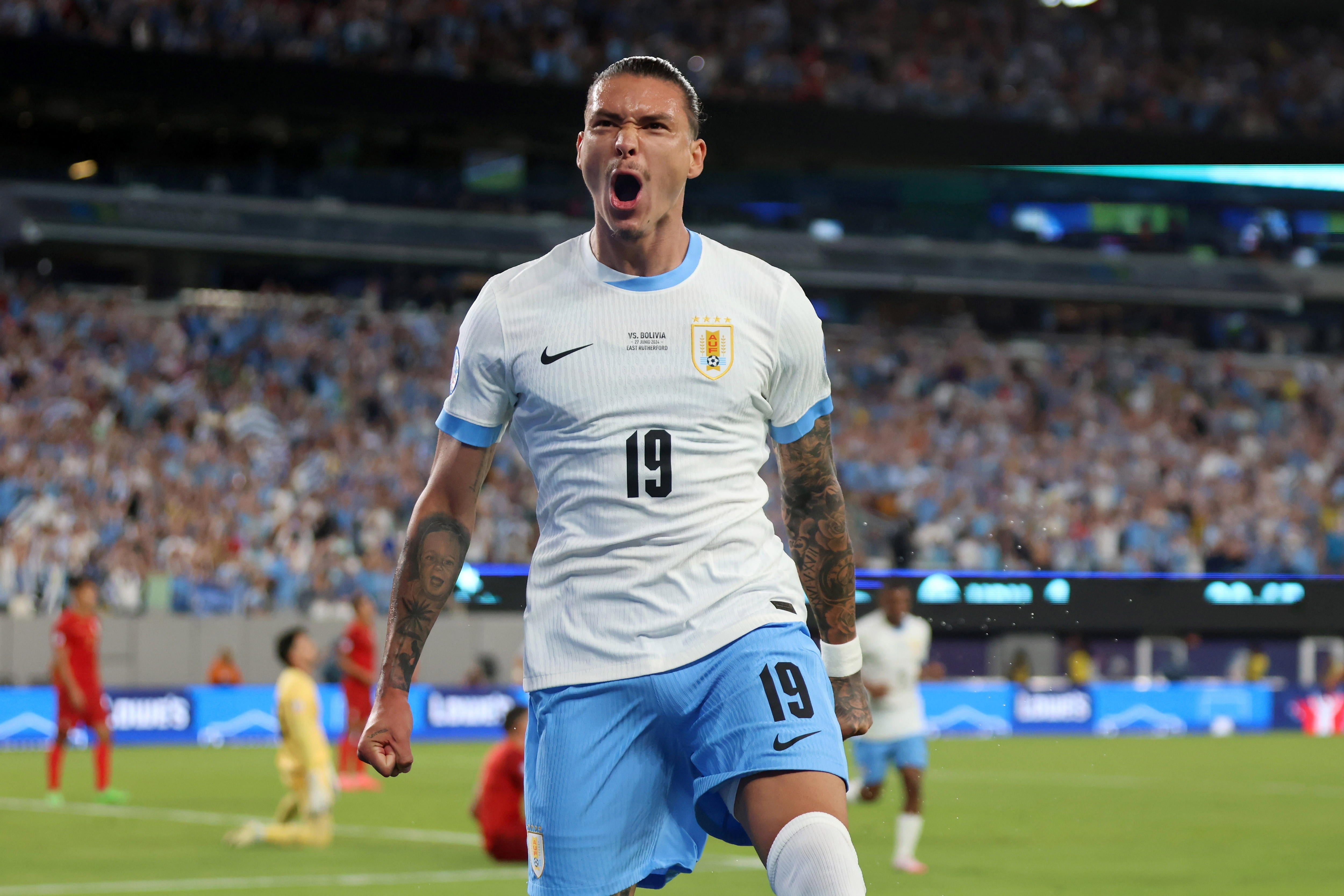 East Rutherford (United States), 28/06/2024.- Uruguay forward Darwin Nunez celebrates scoring during the first half of a CONMEBOL Copa America 2024 group C match against Bolivia, in East Rutherford, New Jersey, USA, 27 June 2024. EFE/EPA/JUSTIN LANE