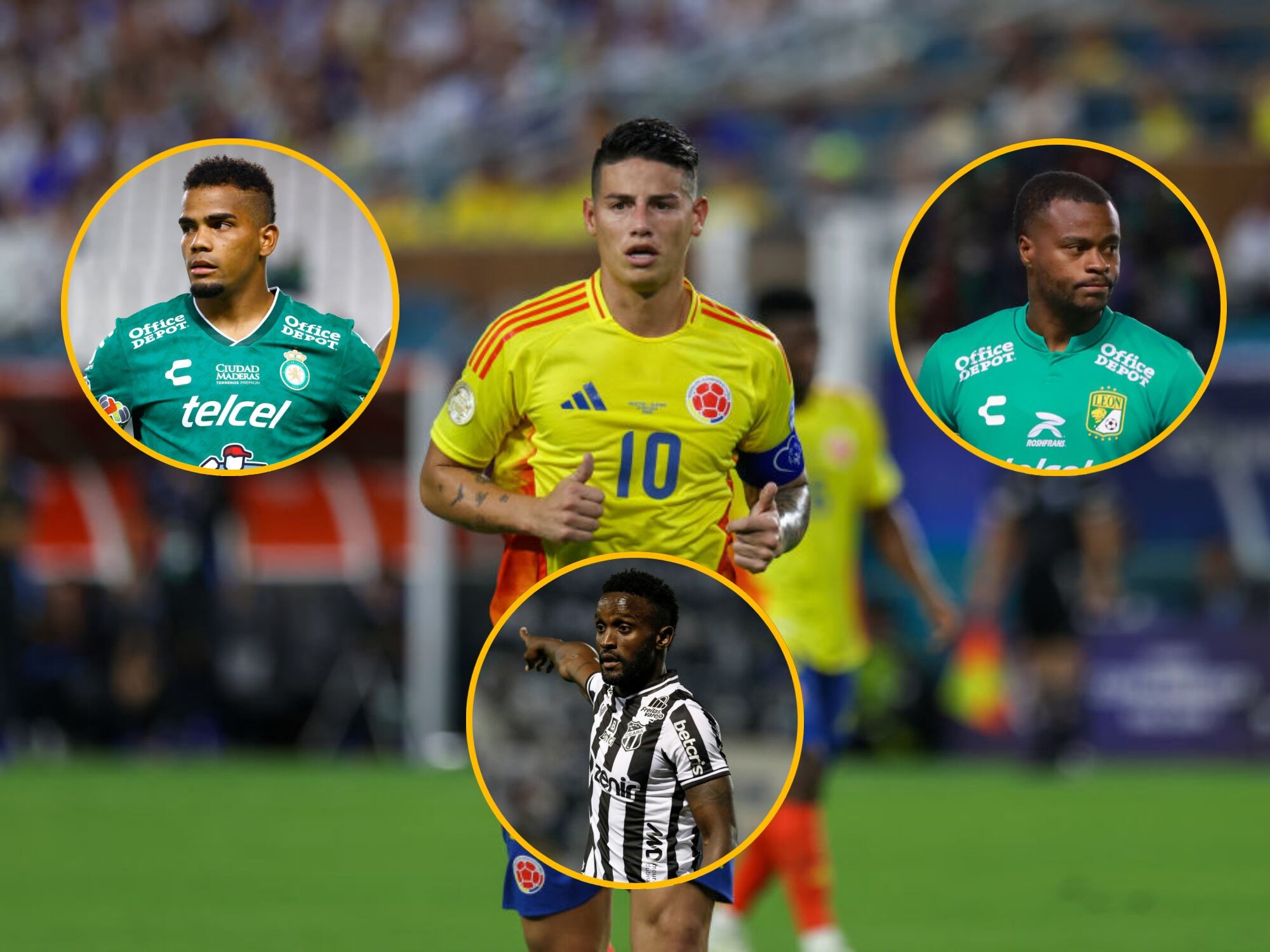 James Rodríguez y en los círculos, arriba a la izquierda, Edgar Guerra. A la derecha, Stiven Barreiro y abajo en el centro, Stiven Mendoza. Fotos: Getty Images.