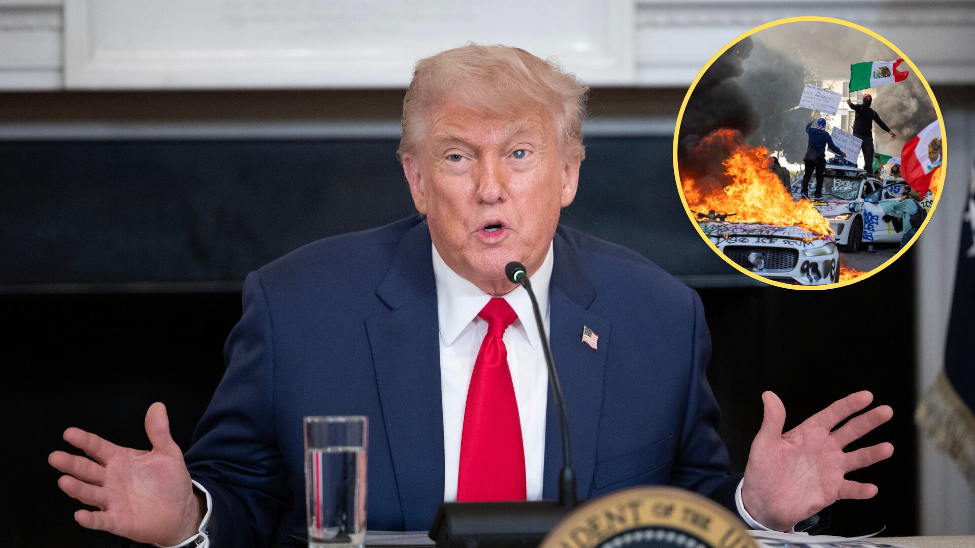 Donald Trump. Foto: Tom Brenner For The Washington Post via Getty Images - Manifestaciones en Los Ángeles. Foto:  RINGO CHIU/AFP via Getty Images.