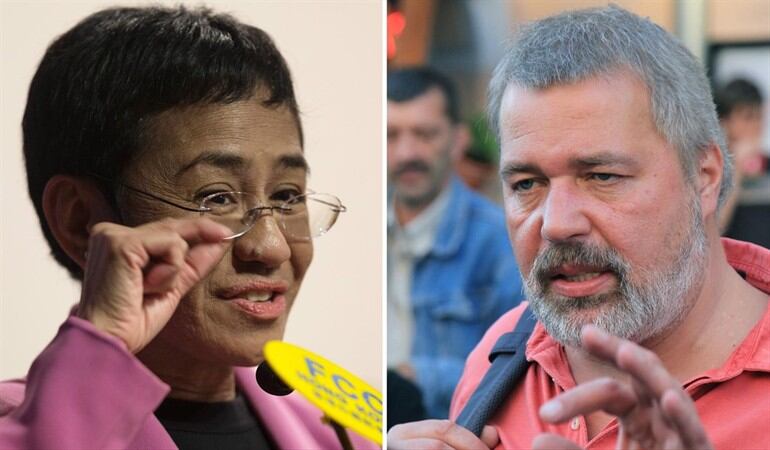 Los periodistas María Ressa y Dmitry Muratov ganaron el Premio Nobel de la Paz por su lucha valiente por los derechos humanos en Filipinas y Rusia.. Foto: EFE/EPA/JEROME FAVRE/SERGEI CHIRIKOV