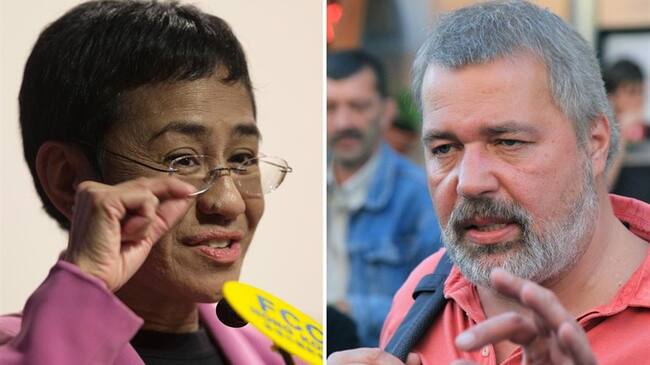 Los periodistas María Ressa y Dmitry Muratov ganaron el Premio Nobel de la Paz por su lucha valiente por los derechos humanos en Filipinas y Rusia.. Foto: EFE/EPA/JEROME FAVRE/SERGEI CHIRIKOV
