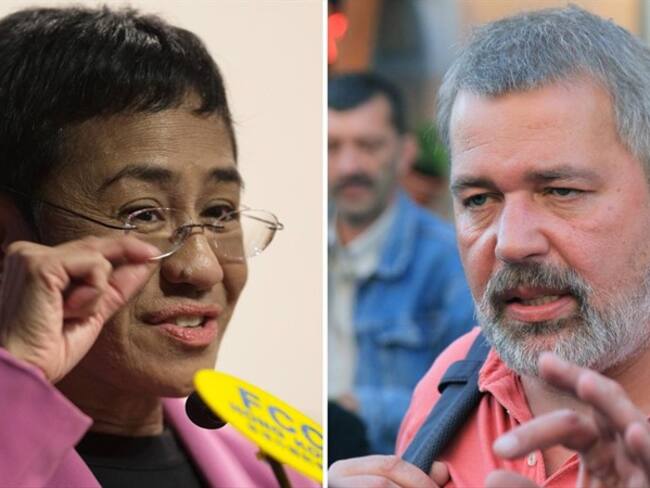 Los periodistas María Ressa y Dmitry Muratov ganaron el Premio Nobel de la Paz por su lucha valiente por los derechos humanos en Filipinas y Rusia.. Foto: EFE/EPA/JEROME FAVRE/SERGEI CHIRIKOV