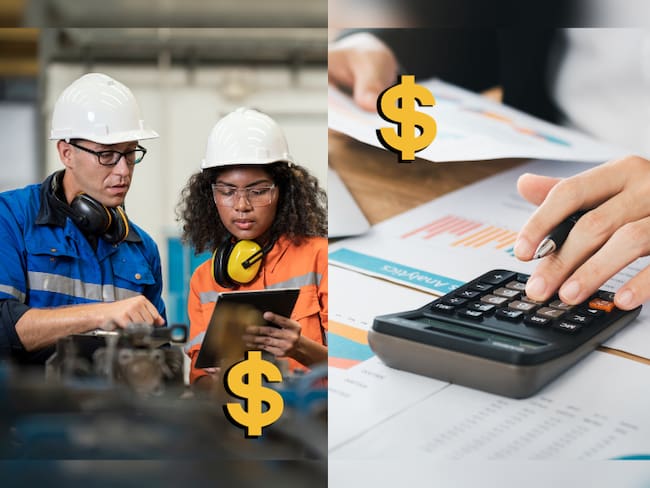 Hombre y mujer revisando un proceso técnico / Hombre haciendo cálculos, sobre hojas con gráficos / Signo pesos (Getty Images)