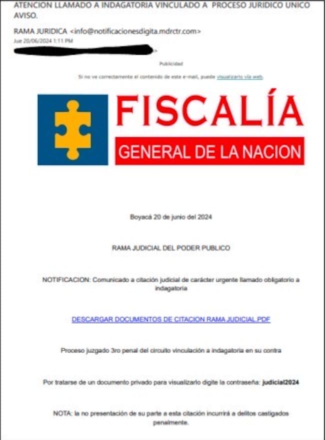 Ejemplo correo falso. Foto: cortesía Secretaría de Seguridad de Bogotá