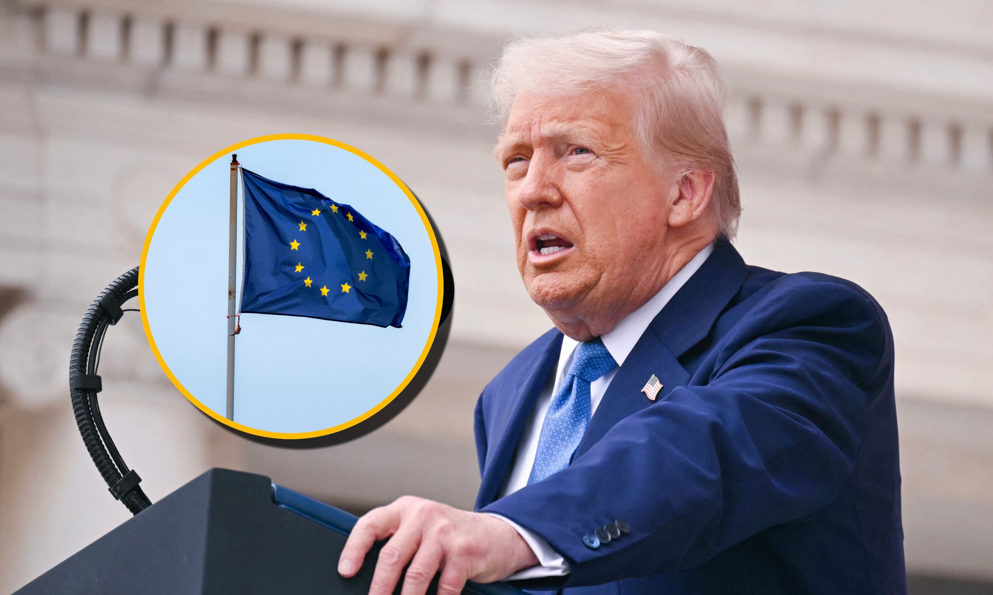 Trump y bandera de UE. Foto: SAUL LOEB/AFP y Jose A. Bernat vía Getty Images. 