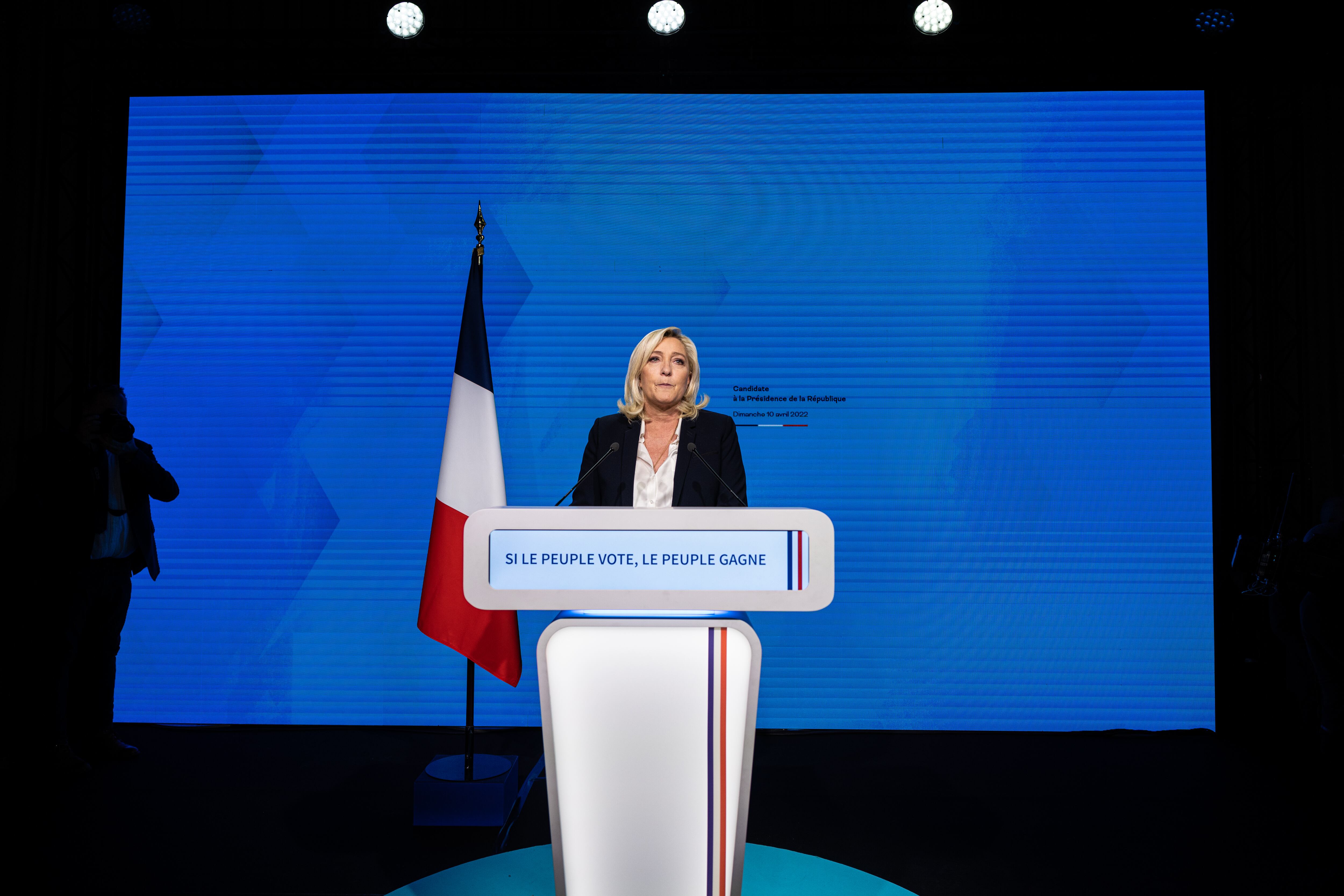 PARIS, FRANCE - APRIL 10: French presidential candidate Marine Le Pen speaks during an election night event after the first round of voting on April 10, 2022 in Paris, France. Nearly 50 million French people will be called to the polls in France for the first round of the presidential election on April 10. Of the 12 candidates, recent polls cast a tight call between outgoing President Emmanuel Macron and his far-right rival Marine Le Pen. (Photo by Louise Delmotte/Getty Images)