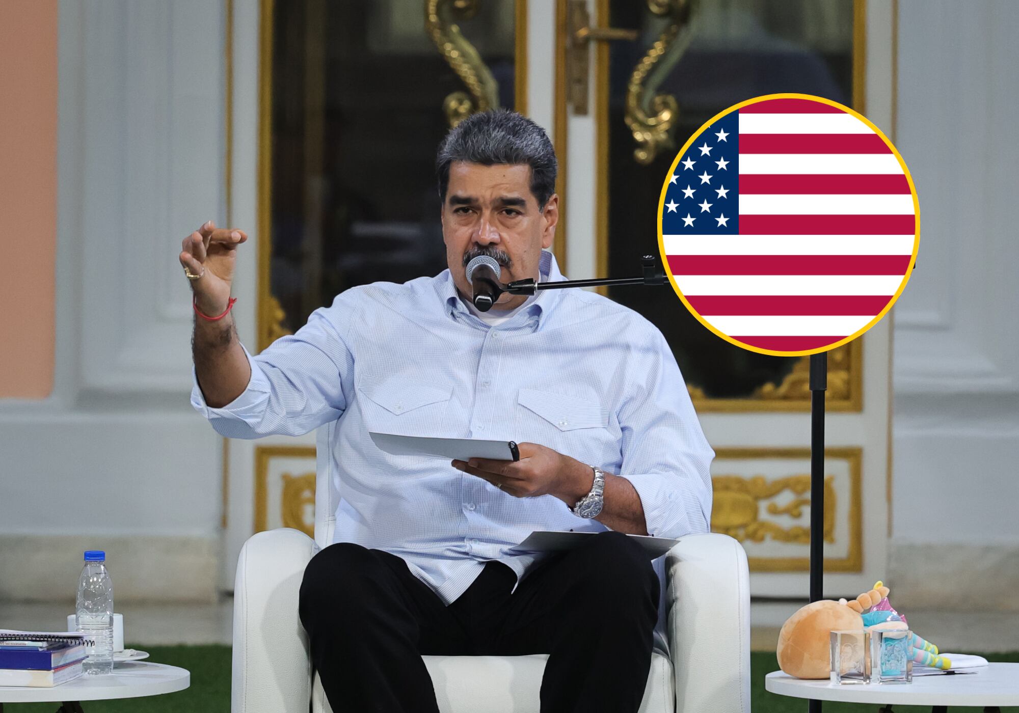 Nicolás Maduro y bandera de Estados Unidos. Foto: Getty Images.
