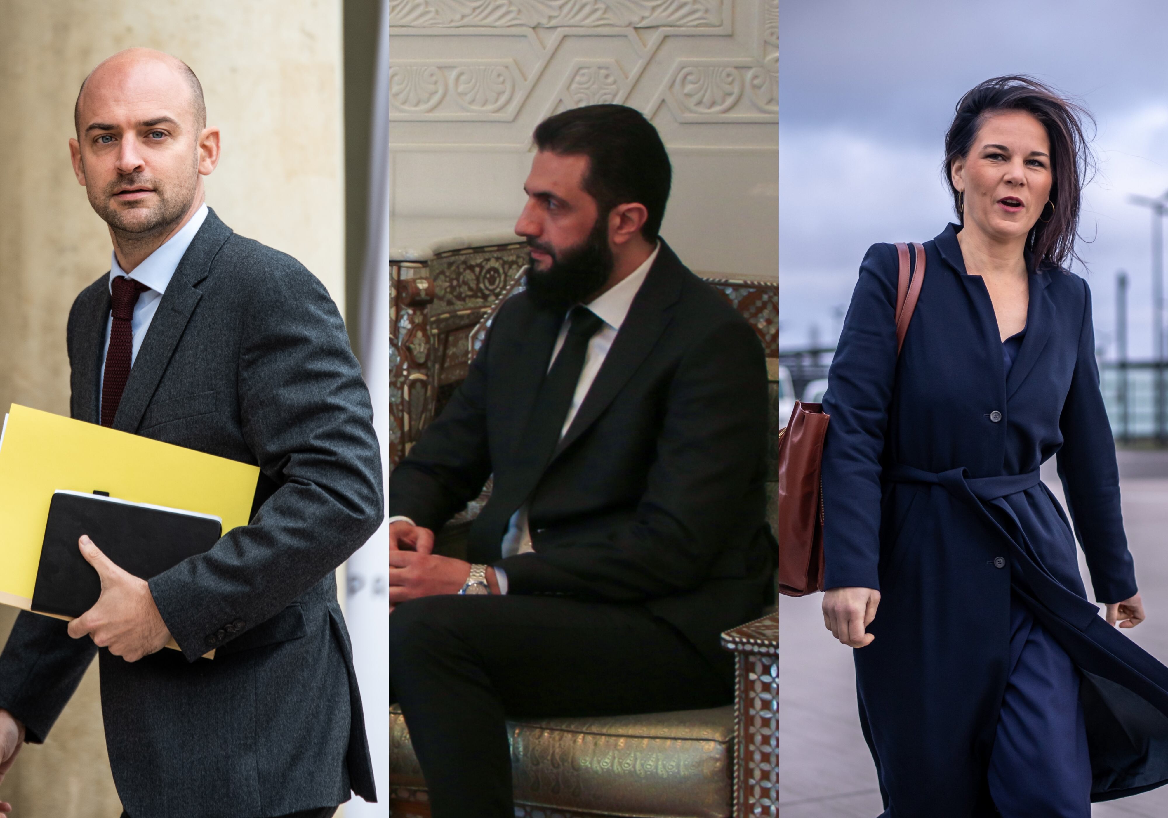 El ministro de Relaciones Exteriores de Francia, Jean-Noël Barrot (Andrea Savorani Neri/NurPhoto vía Getty Images); el líder del nuevo gobierno de Siria, Ahmad al Sharaa (Nabiaha Altaha/Anadolu vía Getty Images), y la jefa de la diplomacia de Alemania, Annalena Baerbock (Michael Kappeler/picture alliance vía Getty Images)