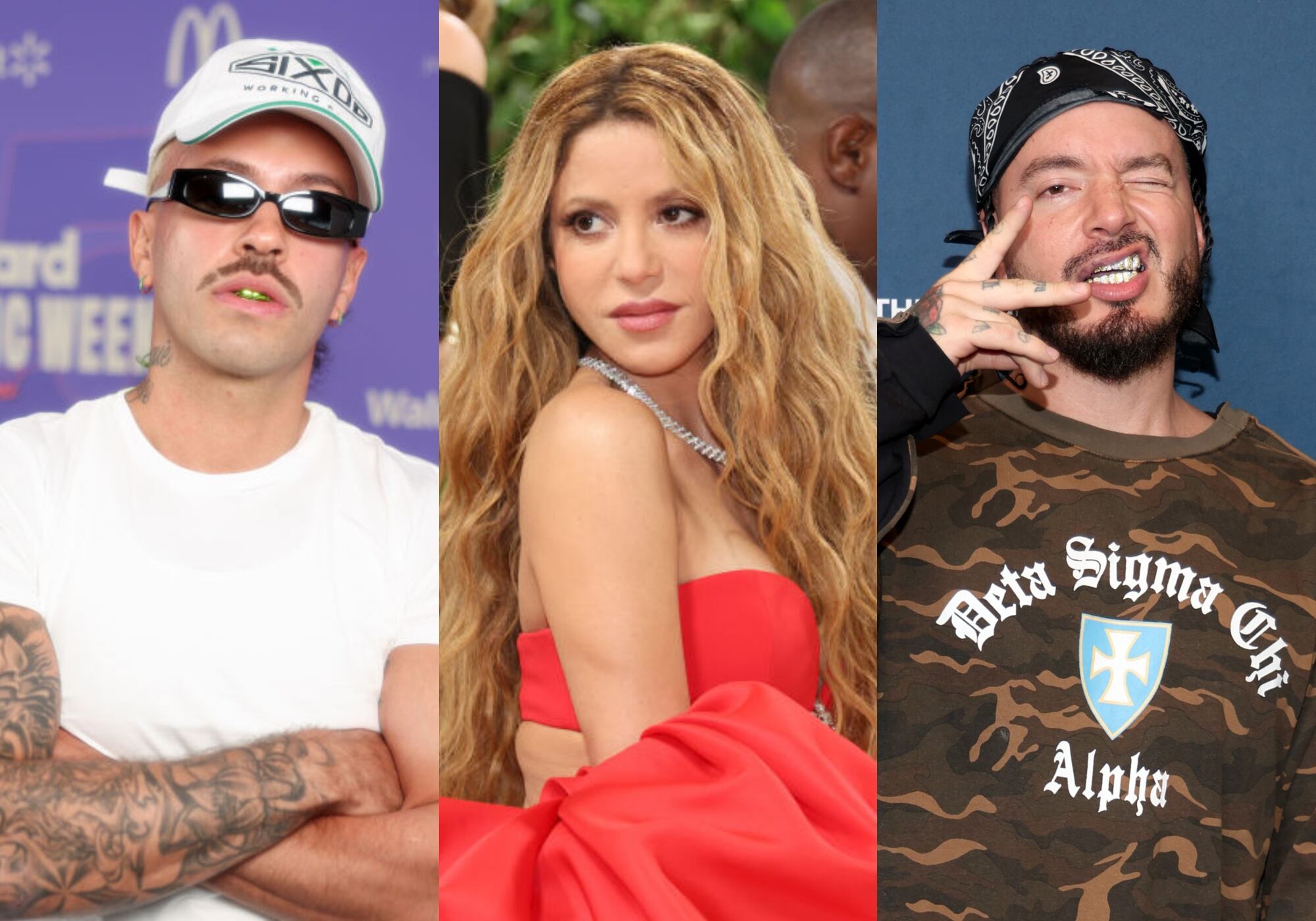 Feid, Shakira y J Balvin. Foto: (Photo by Christopher Polk/Billboard via Getty Images) / (Photo by Dia Dipasupil/Getty Images) / (Photo by Jerritt Clark/Getty Images for Amazon Music )