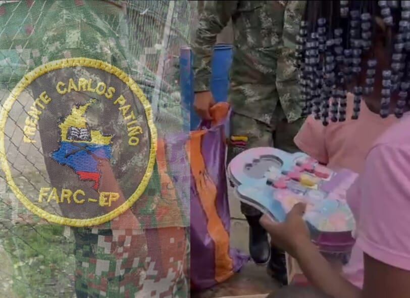 En imágenes publicadas en redes sociales se observa a integrantes de las estructuras Carlos Patiño y Jaime Martínez entregando dulces y regalos a los niños del Cañón del Micay y del norte del Cauca. Crédito: Red de Apoyo Cauca.