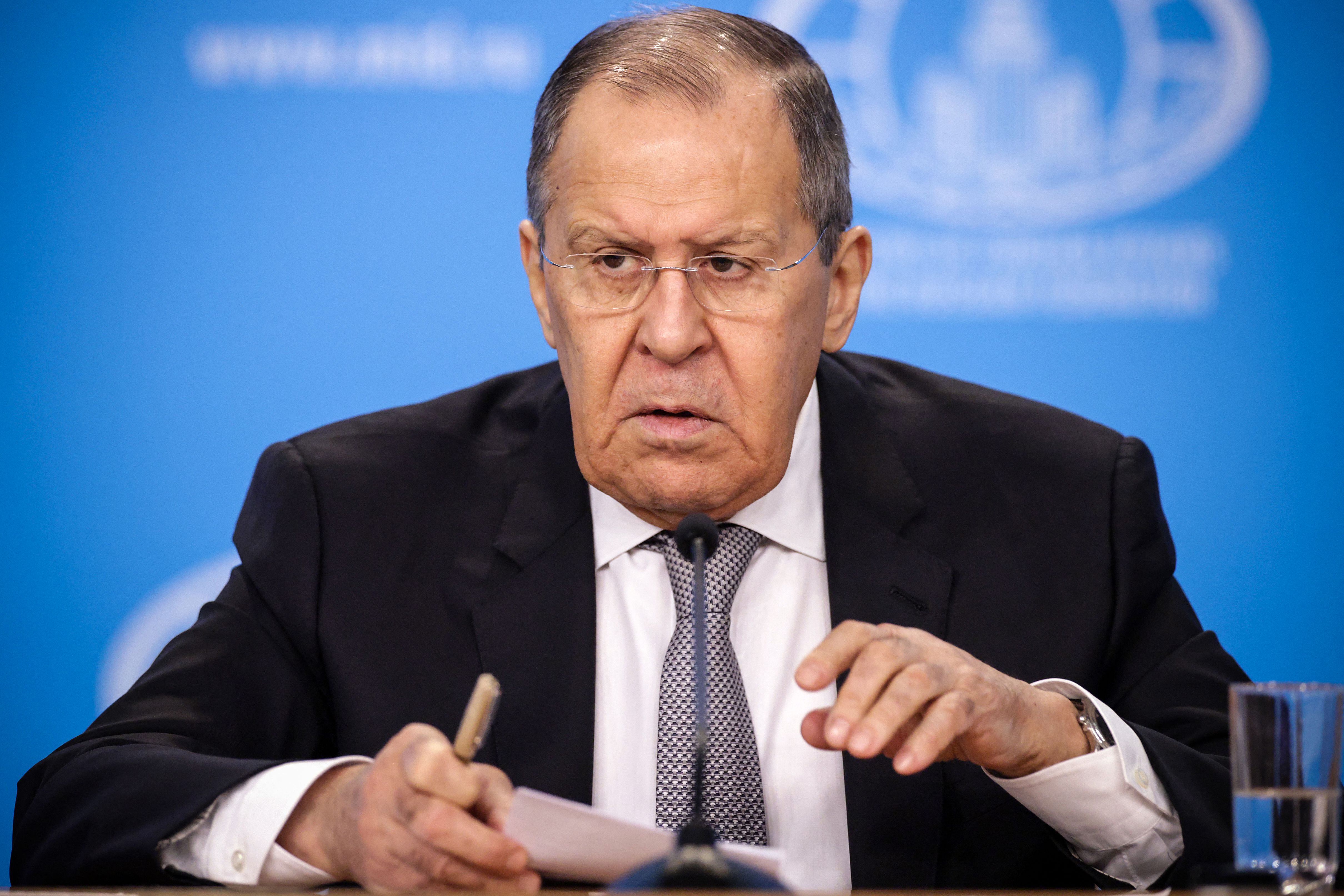 Russian Foreign Minister Sergei Lavrov gives an annual press conference on Russian diplomacy in 2021, in Moscow on January 14, 2022. (Photo by Dimitar DILKOFF / AFP) (Photo by DIMITAR DILKOFF/AFP via Getty Images)