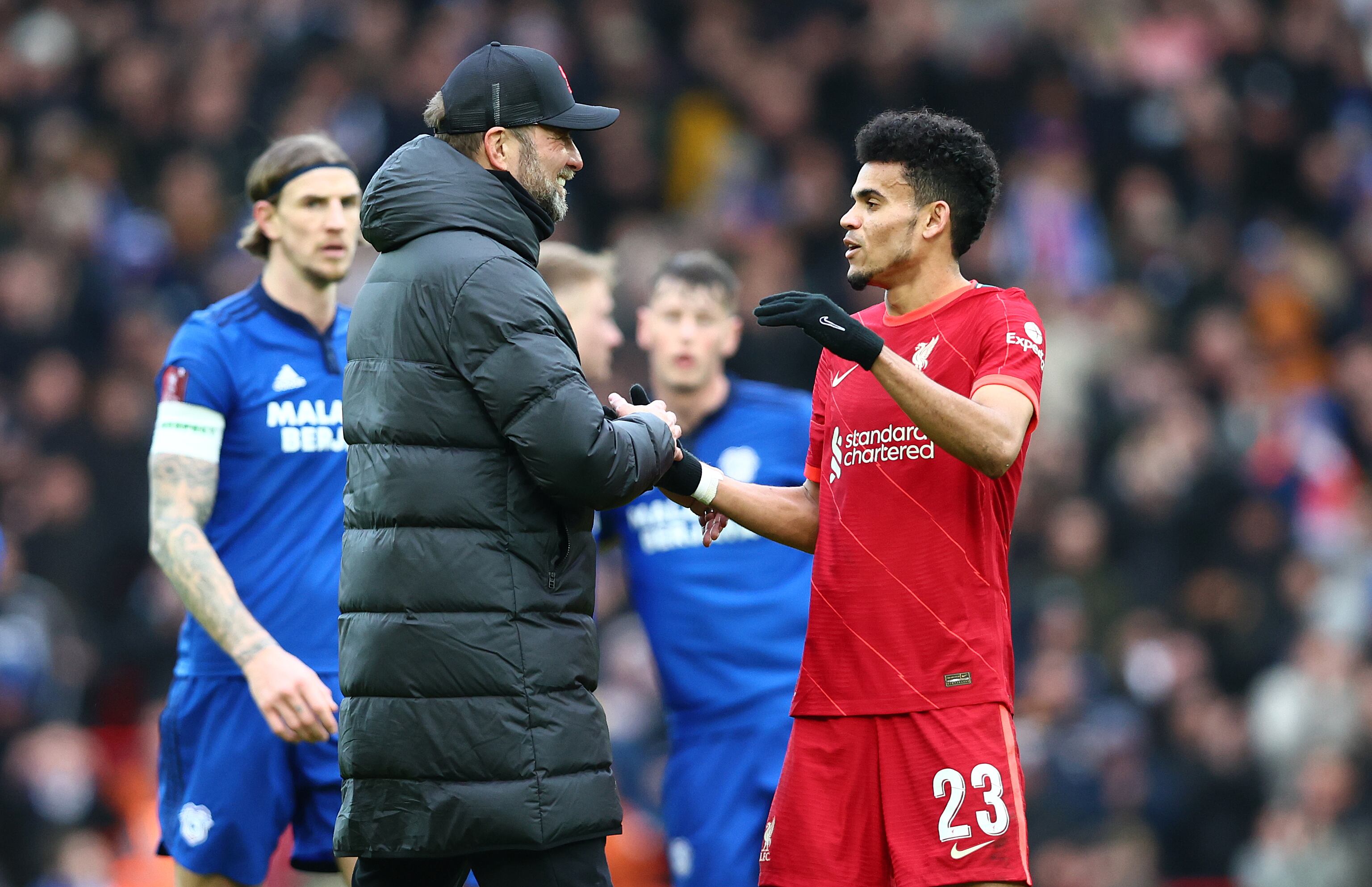 Luis Díaz y su entrenador Jurgen Klopp  / Getty Images