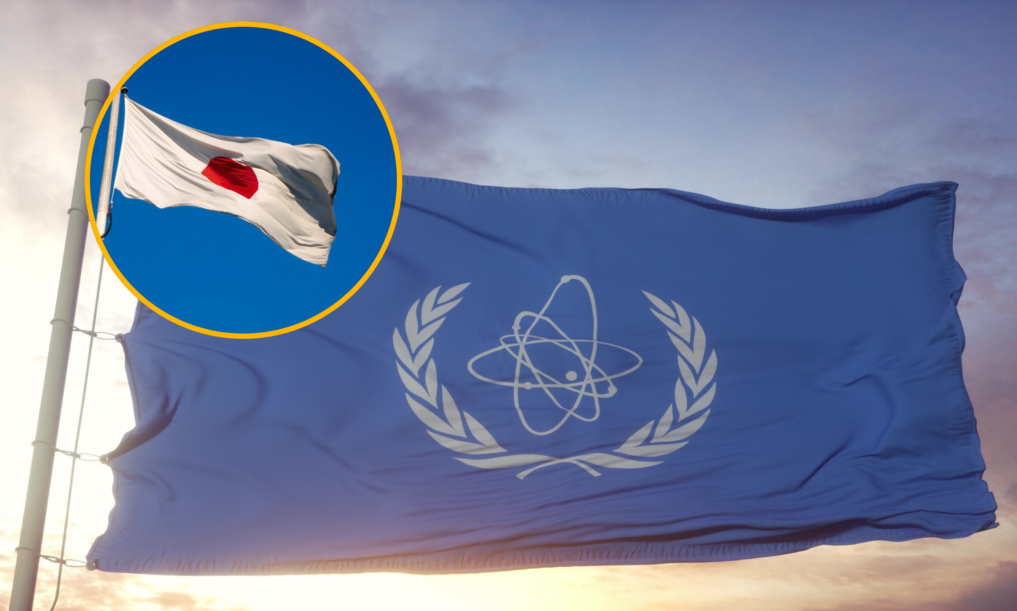 Bandera de la OIEA y de Japón. Foto: Getty Images.