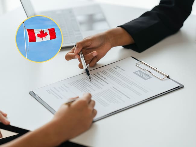 De fondo, una persona presentando su hoja de vida y aplicando para un trabajo. En el círculo, la bandera de Canadá / Fotos: GettyImages