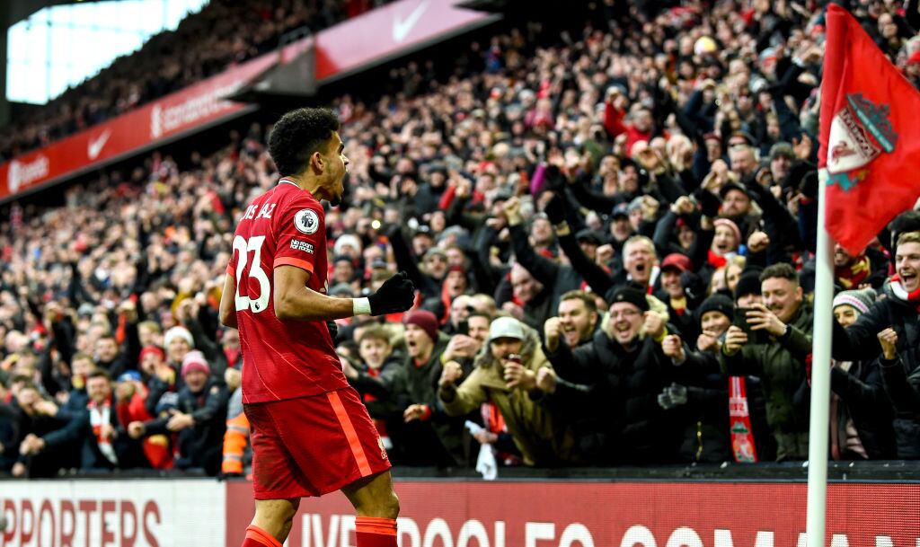 LIVERPOOL, ENGLAND - FEBRUARY 19: (THE SUN OUT, THE SUN ON SUNDAY OUT) Luis Diaz of Liverpool celebrates after scoring the third goal during the Premier League match between Liverpool and Norwich City at Anfield on February 19, 2022 in Liverpool, England. (Photo by Andrew Powell/Liverpool FC via Getty Images)