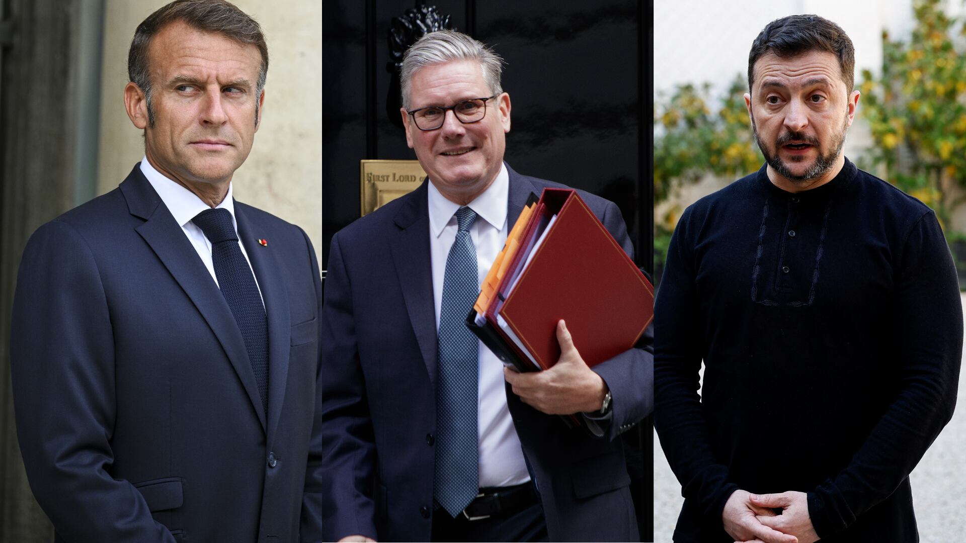 Emmanuel Macron, presidente de Francia; Keir Stramer, primer ministro de Reino Unido; Volodimir Zelenski, presidente de Ucrania. Foto:  Eric BERACASSAT/Gamma-Rapho via Getty Images/ Charlie McCaldwell/Getty Images/ Stephanie Lecocq - WPA Pool/Getty Images