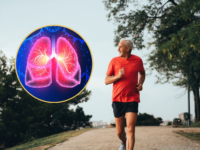 Hombre haciendo ejercicio y una imágen de referencia de unos pulmones humanos (Fotos vía Getty Images)