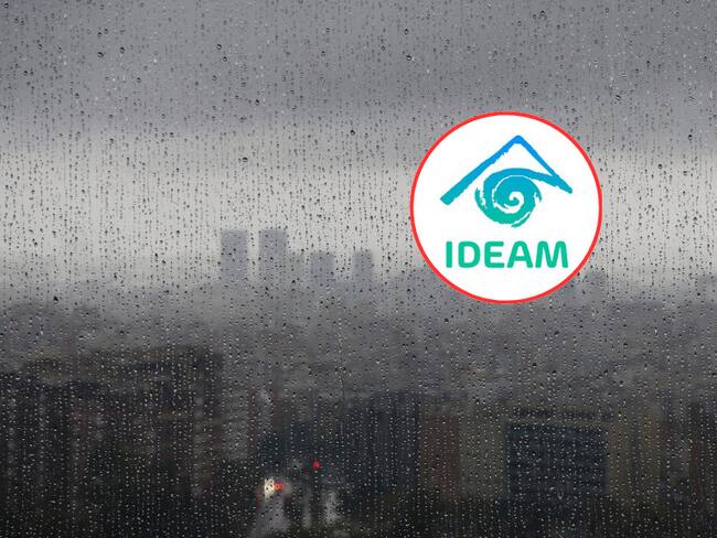 Día lluvioso y al lado el logo del IDEAM (Fotos vía Getty Images y redes sociales del IDEAM).