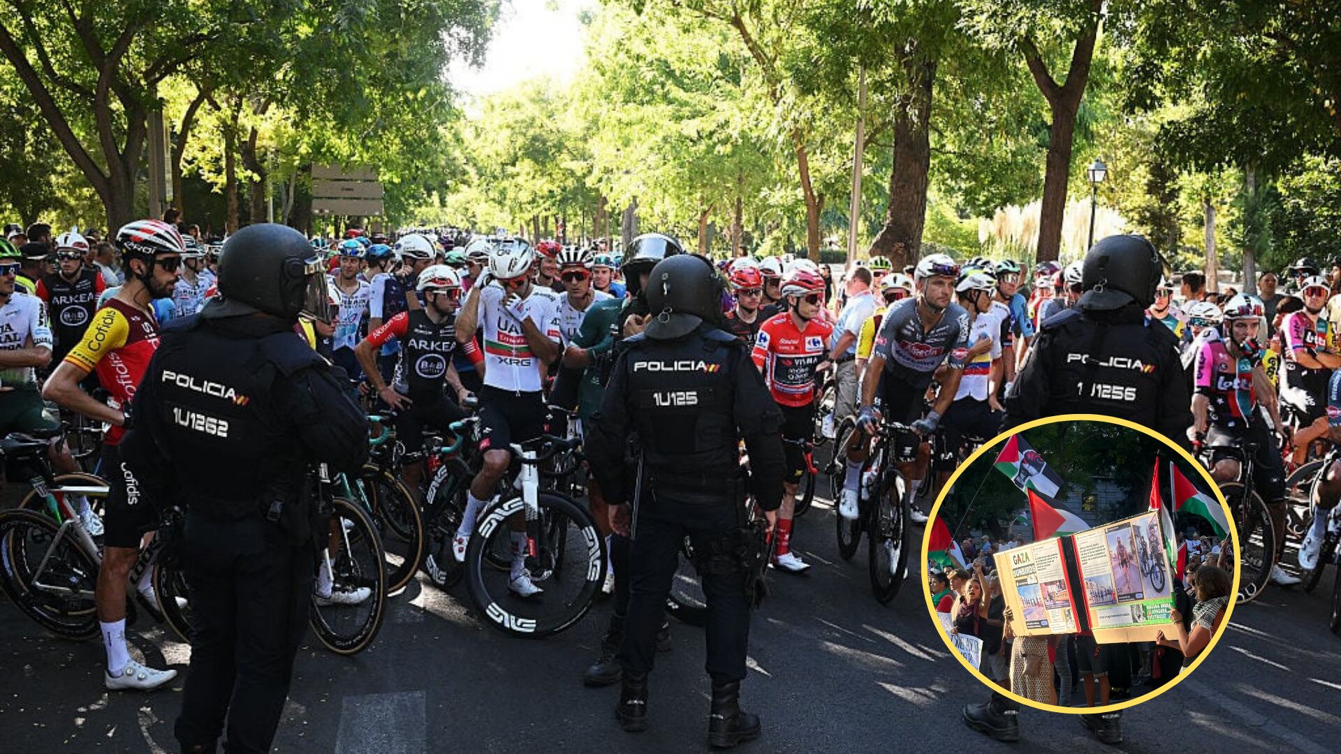 Etapa final de la Vuelta España, cancelada por protestas que cortaron el recorrido de los ciclistas. Foto: Getty Images.