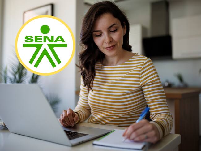 Mujer usando su computador para estudiar. En el círculo, el logo del SENA (GettyImages / Redes sociales)