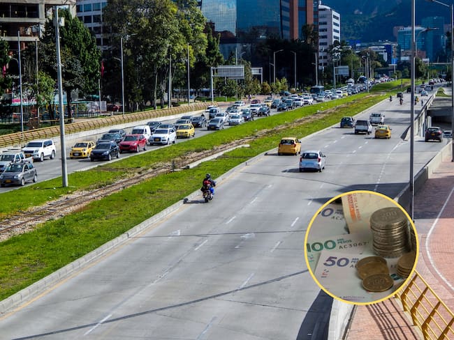 Carros y motos transitando en ambos sentidos por Bogotá. En el círculo, la imagen de billetes y monedas colombianas de diferentes denominaciones (Fotos vía GettyImages)
