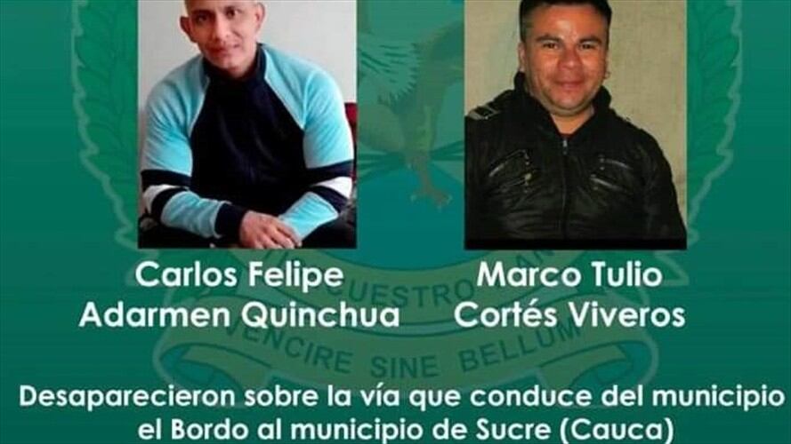 Un mes completan desaparecidos dos líderes en el sur del Cauca. Foto: Policía Nacional