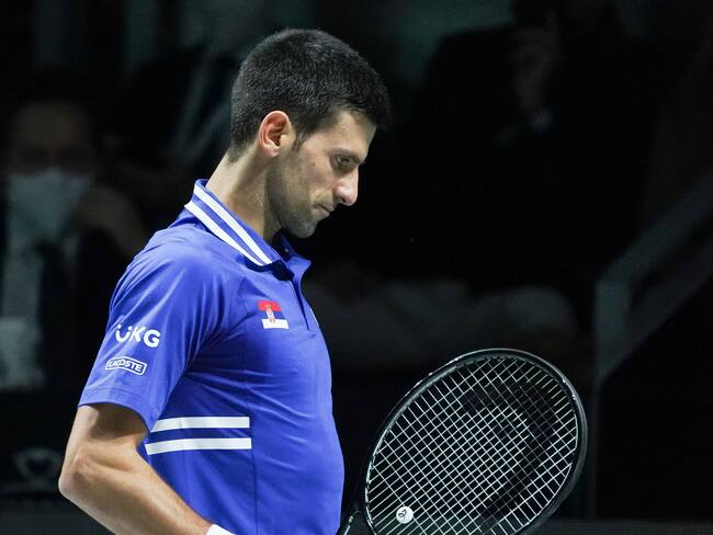 Novak Djokovic of Serbia in action during the Davis Cup Finals 2021, Semifinal 1, tennis match played between Croatia and Serbia at Madrid Arena pabilion on December 03, 2021, in Madrid, Spain. (Photo by Oscar Gonzalez/NurPhoto via Getty Images)