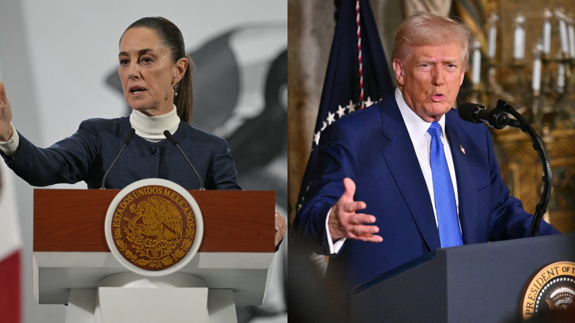 Claudia Sheinbaum. FOTO: YURI CORTEZ/AFP via Getty Images - Donald Trump. FOTO: ROBERTO SCHMIDT/AFP via Getty Images.