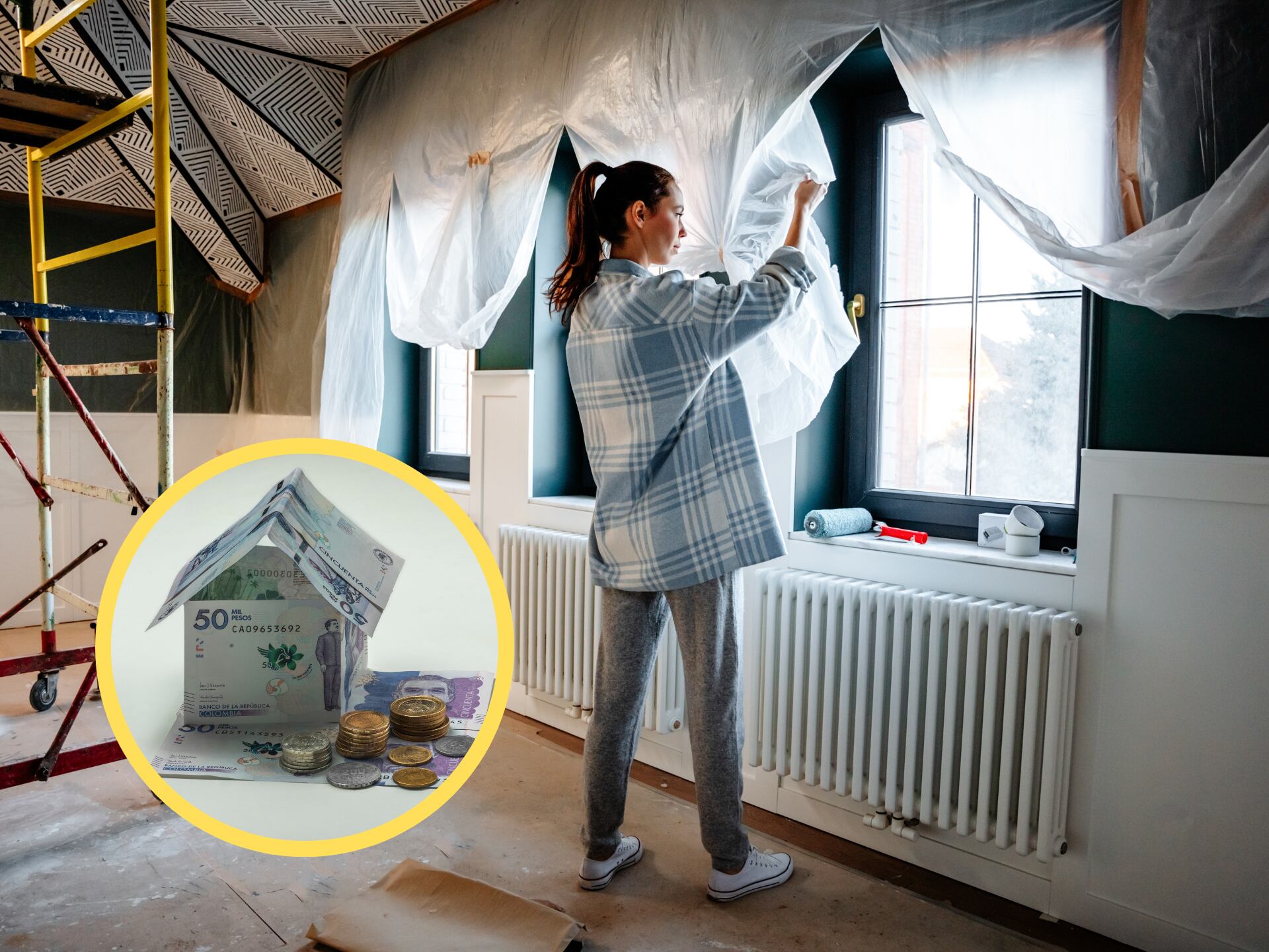 Mujer haciendo arreglos en su vivienda. En el círculo, billetes colombianos formando una casa (GettyImages)
