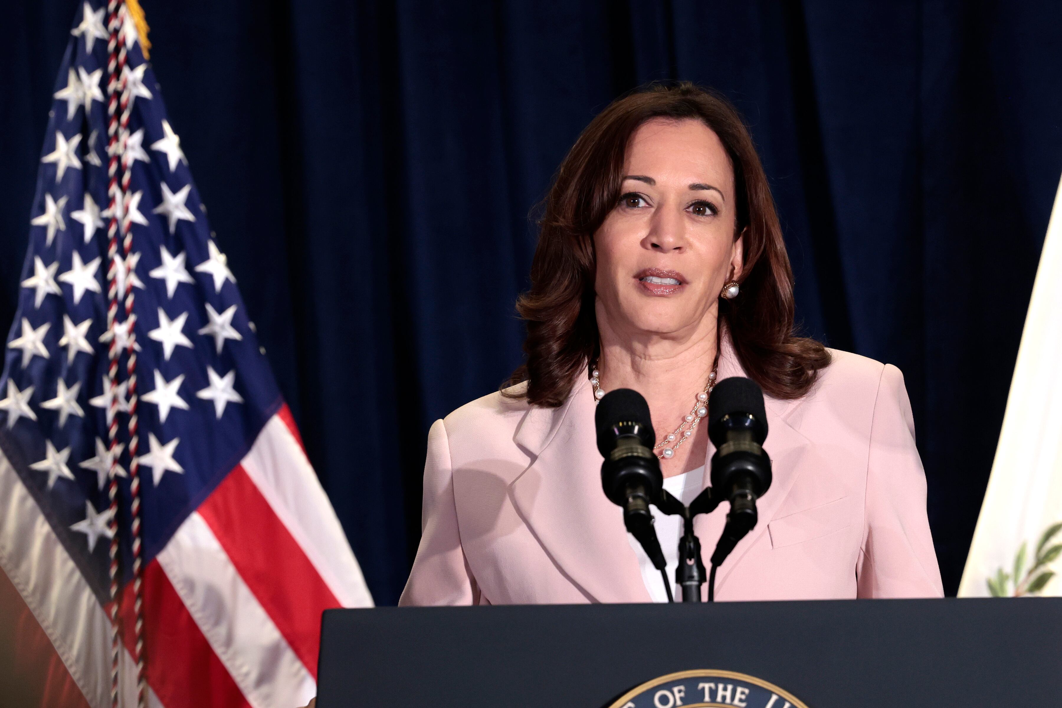 LOS ANGELES, CALIFORNIA - JUNE 07: U.S. Vice President Kamala Harris delivers remarks at the In Her Hands launch at the InterContinental Los Angeles on June 07, 2022 in Los Angeles, California. Vice President Harris took part in a series of events today at the IV CEO Summit of the Americas, which is the official private sector forum of the IX Summit of the Americas. Leaders from North, Central and South America will travel to Los Angeles for the summit to discuss issues such as trade and migration. The United States is hosting the summit for the first time since 1994, when it took place in Miami. (Photo by Anna Moneymaker/Getty Images)