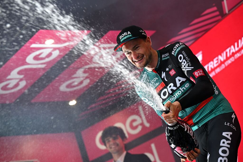 RIVOLI, ITALY - MAY 18: Nico Denz of Germany and Team BORA - hansgrohe celebrates at podium as stagewinner during the 106th Giro d'Italia 2023, Stage 12 a 185km stage from Bra to Rivoli / #UCIWT / on May 18, 2023 in Rivoli, Italy. (Photo by Stuart Franklin/Getty Images,)