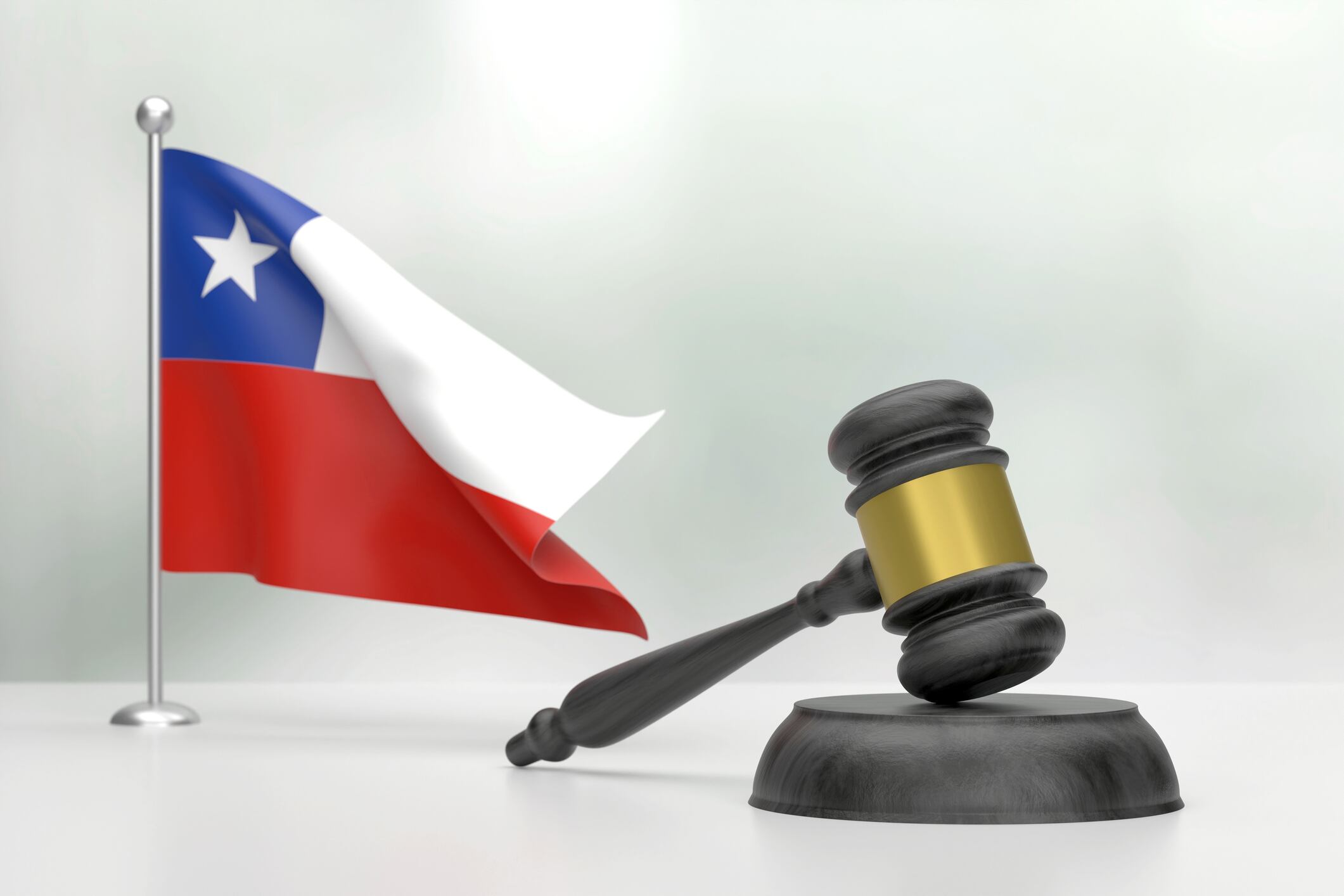 Black Wooden Gavel And Chilean Flag On White Background. Justice Concept. Justice Concept.