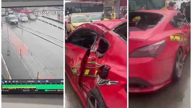 Un vehículo de alta gama chocó contra un Transmilenio generando caos en la ciudad. Foto: pantallazos tomados del video del perfil de X @DiegoAriasF1