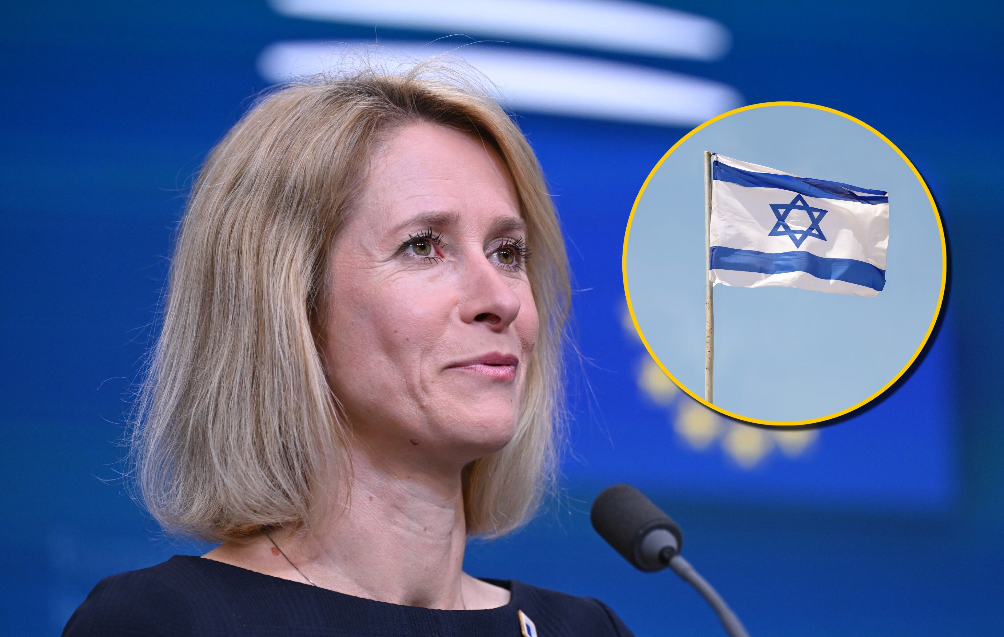 Kaja Kallas y bandera de Israel. Foto:  JOHN THYS/AFP/NickBrundle Photography via Getty Images.