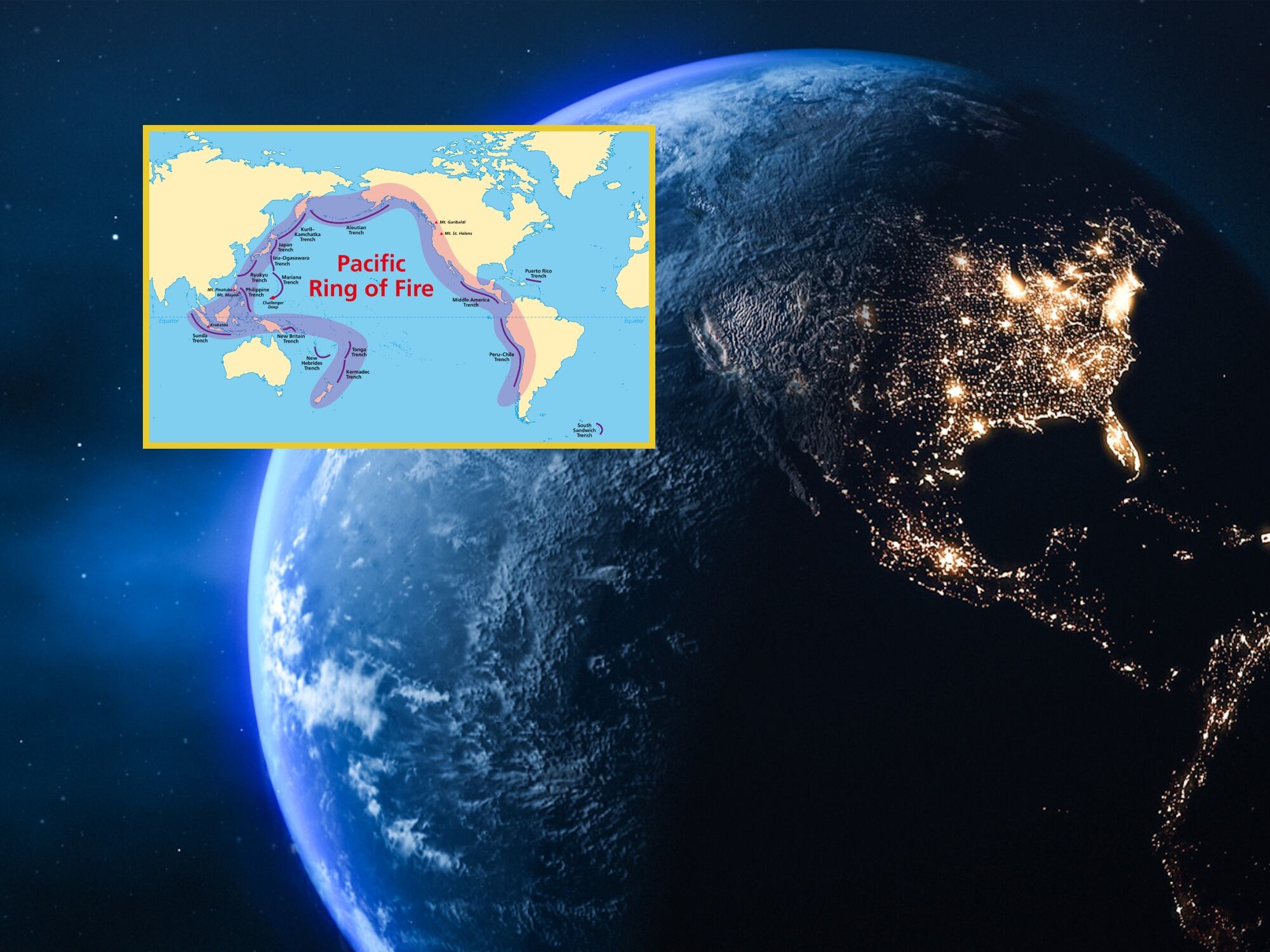 Ilustración del Cinturón de Fuego del Pacífico y planeta Tierra. Fotos: Getty Images