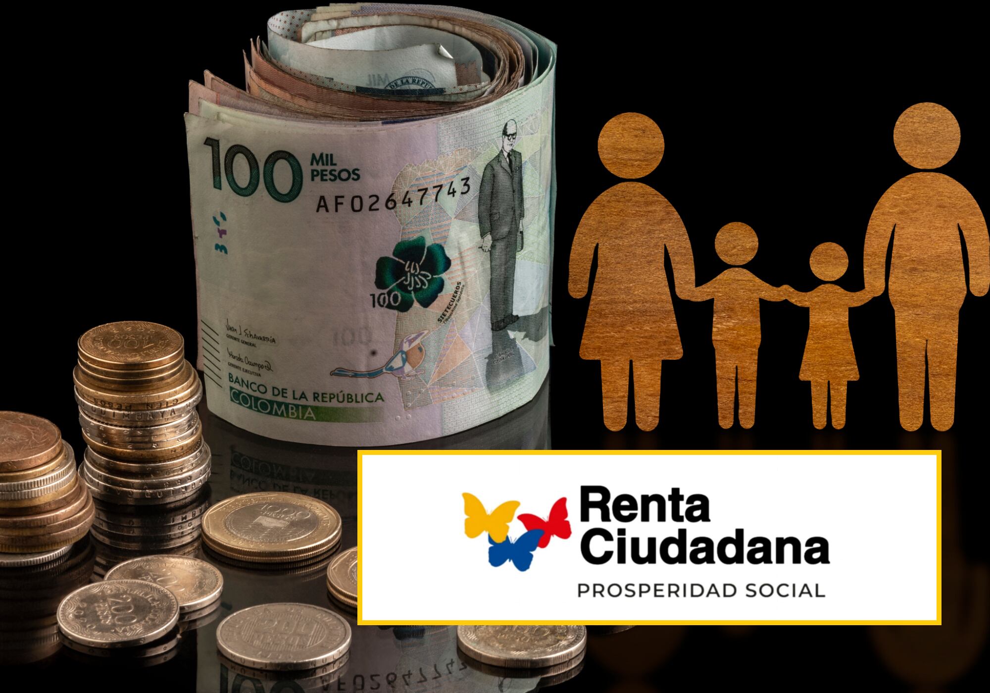 Imagen de referencia de dinero colombiano y logo de Renta Ciudadana. Foto: Getty Images