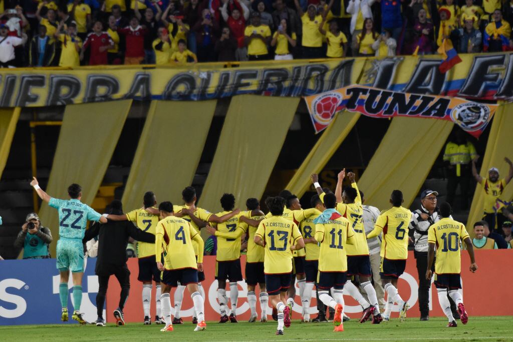 Colombia's national team celebrates after winning the South American U-20 Conmebol Tournament match between Colombia and Venezuela, in Bogota, Colombia on February 12, 2023. (Photo by: Cristian Bayona/Long Visual Press/Universal Images Group via Getty Images)