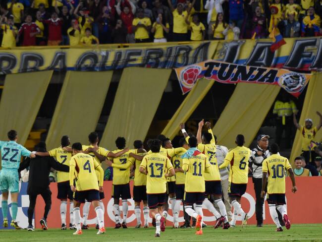 Colombia&#039;s national team celebrates after winning the South American U-20 Conmebol Tournament match between Colombia and Venezuela, in Bogota, Colombia on February 12, 2023. (Photo by: Cristian Bayona/Long Visual Press/Universal Images Group via Getty Images)