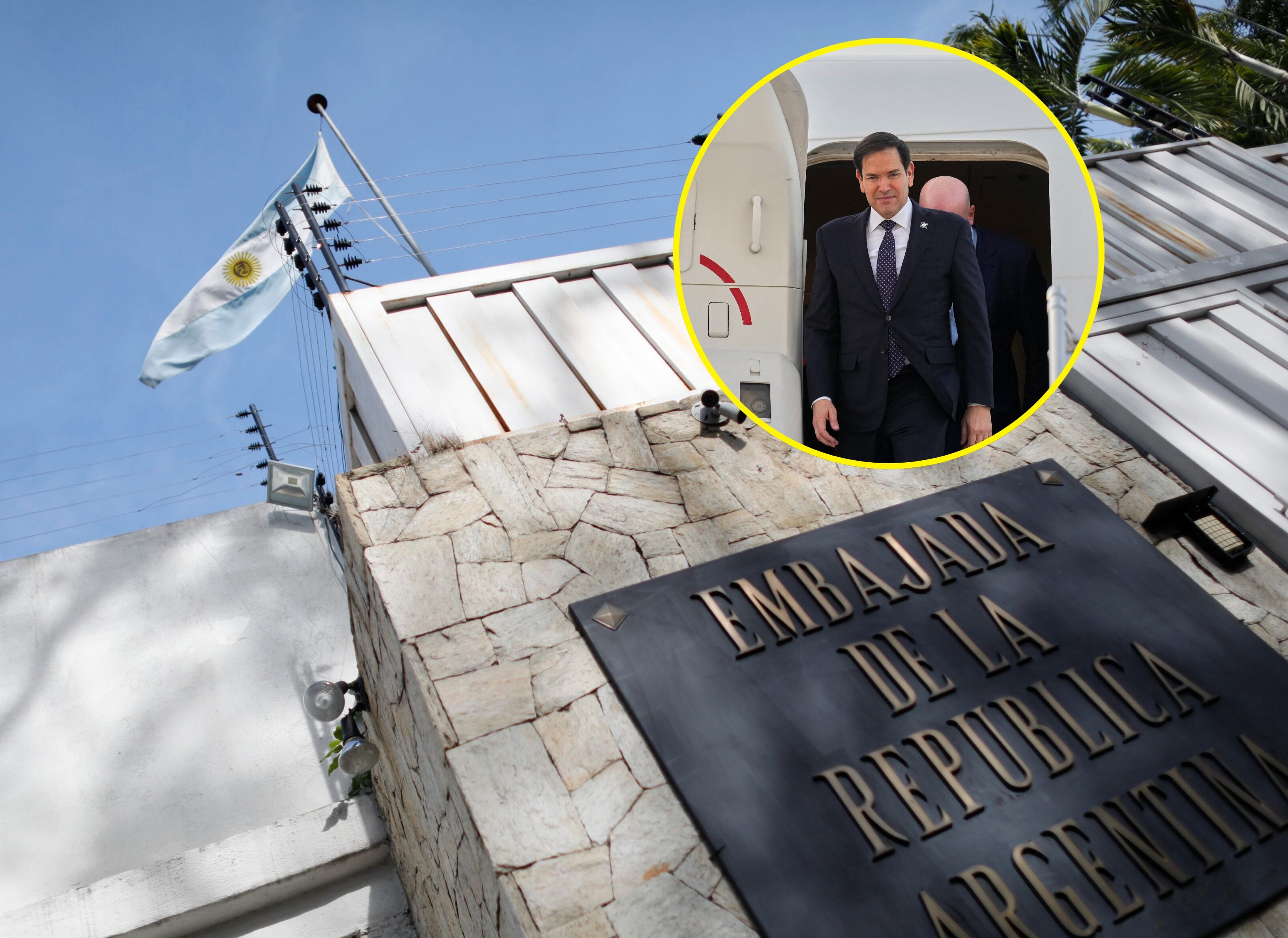 Embajada argentina en Caracas. FOTO: Leonardo Fernandez Viloria/Getty Images. //Secretario de Estado, Marco Rubio. FOTO: JACQUELYN MARTIN/POOL/AFP via Getty Images
