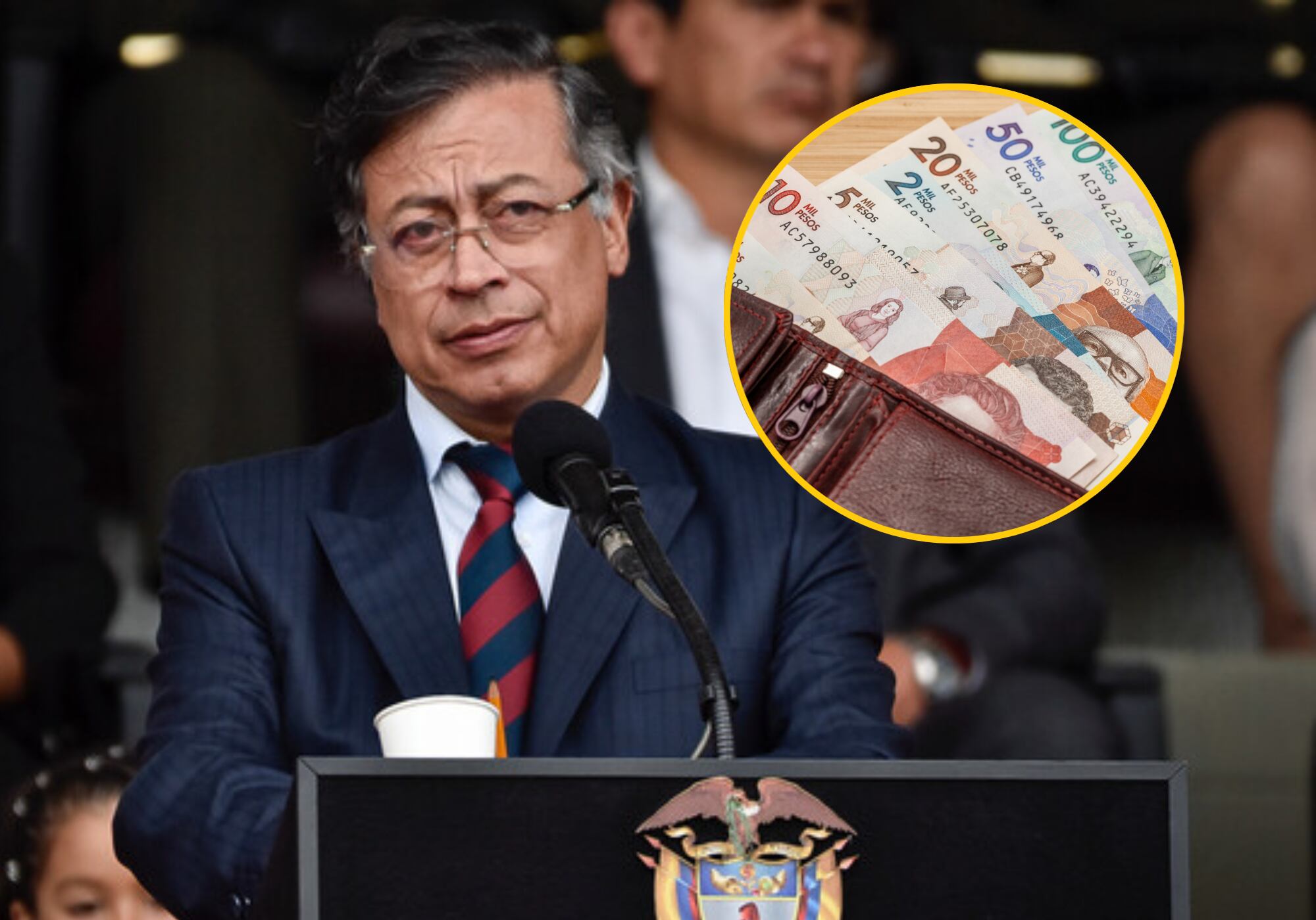Gustavo Petro e imagen de referencia de dinero colombiano. Fotos: (Colprensa - Cristian Bayona) / Getty Images