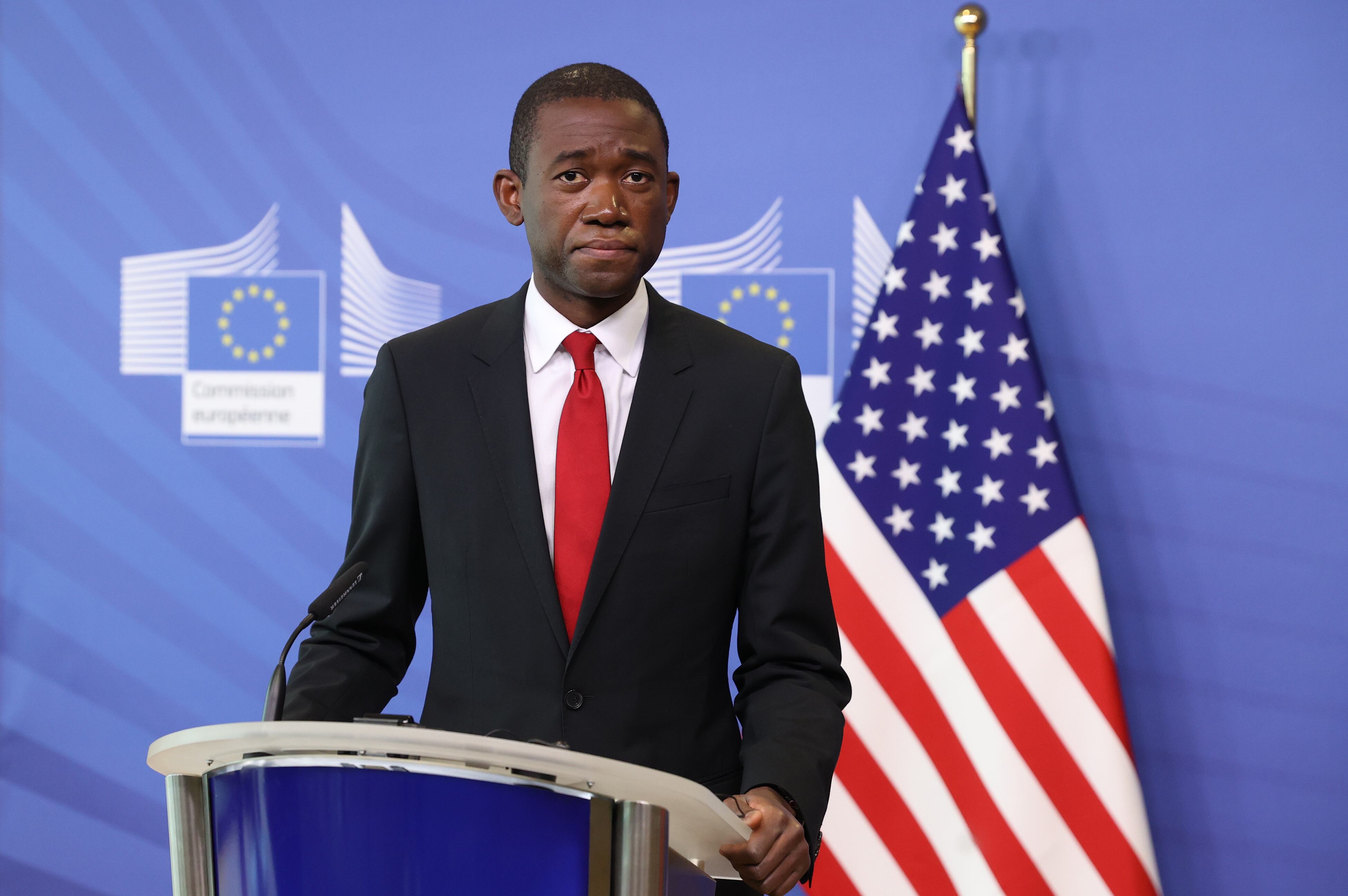 BRUSSELS, BELGIUM - MARCH 29: US Deputy Treasury Secretary Wally Adeyemo and EU Commissioner in charge of financial services, financial stability and the Capital Markets Union, Mairead McGuinness (not seen) hold a joint news conference in Brussels, Belgium on March 29, 2022. (Photo by Dursun Aydemir/Anadolu Agency via Getty Images)