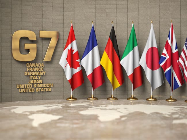 G7 summit or meeting concept. Row from flags of members of G7 group of seven and list of countries, 3d illustration. Photo: Getty Images