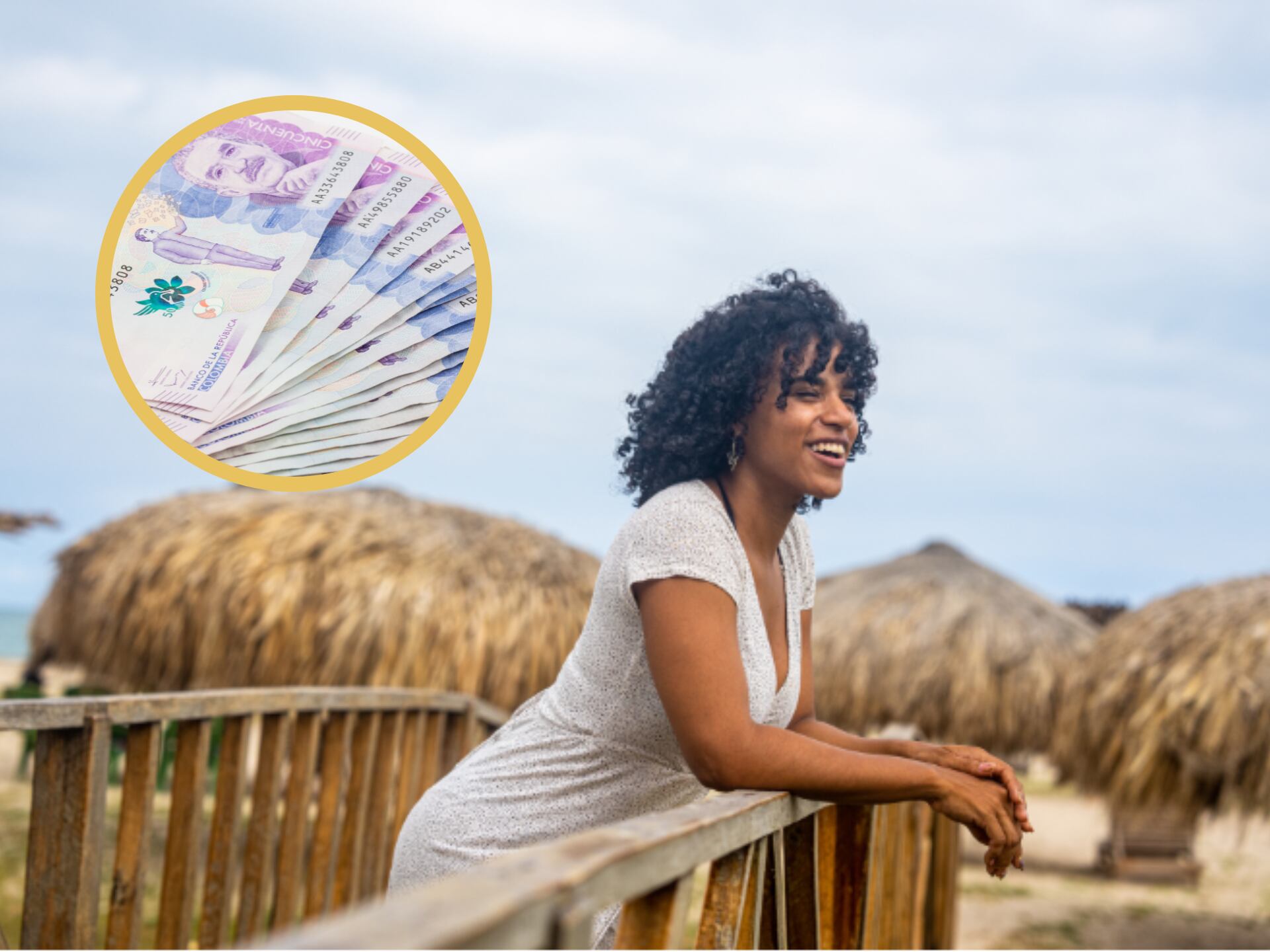Mujer haciendo turismo en La Guajira. En el círculo, billetes de 50 mil pesos colombianos (GettyImages)