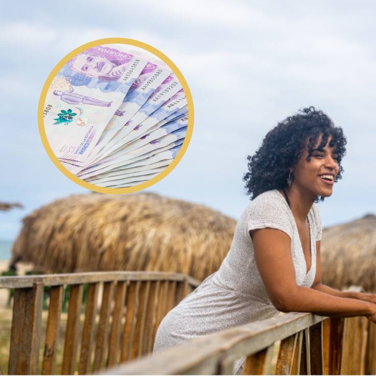 Mujer haciendo turismo en La Guajira. En el círculo, billetes de 50 mil pesos colombianos (GettyImages)