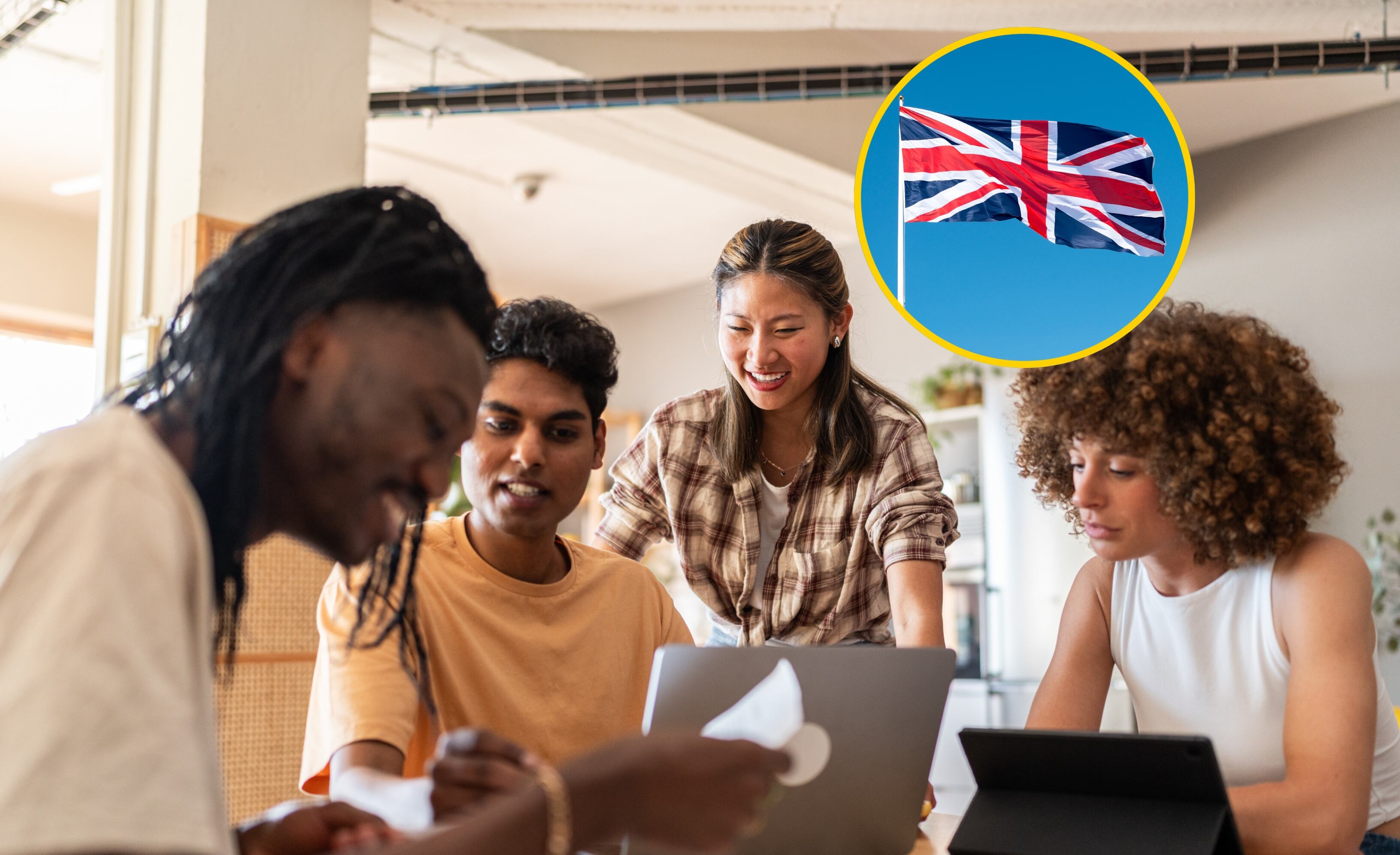 Referencia de estudiantes y bandera de Reino Unido. Foto: Alavinphoto y Tim Grist Photography vía Getty Images. 
