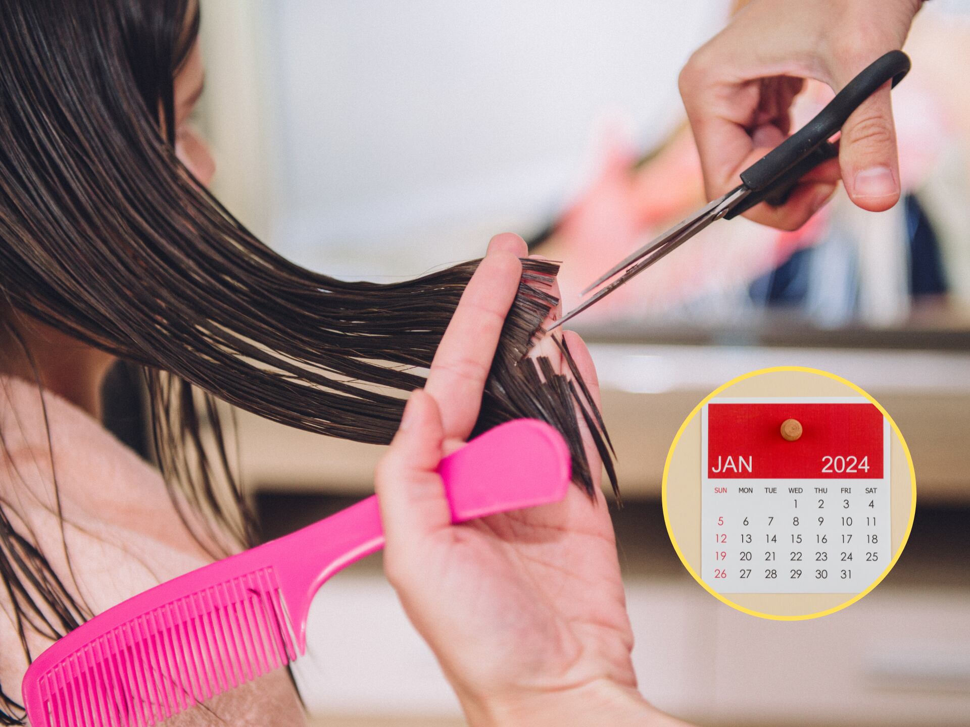 Mujer cortándose el cabello en una peluquería. En el círculo, la imagen del calendario de 2024 / Foto: GettyImages